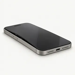 iPhone with silver edges, screen side up with dark glass lifting away from the frame along one side