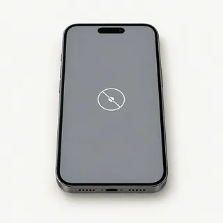 iPhone with dark gray edges, front view with Dynamic Island and a crossed-out white tap symbol on a gray screen