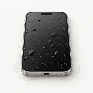 iPhone with silver edges, screen side up with water droplets on the dark glass and a small puddle around it