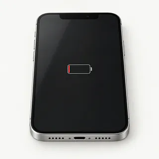 iPhone with silver edges, front view with a small red low battery icon in the center of the dark screen