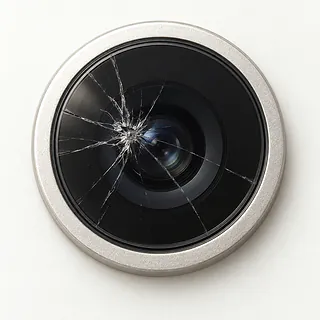 iPhone rear camera close-up with a silver lens ring and starburst cracks in the cover glass