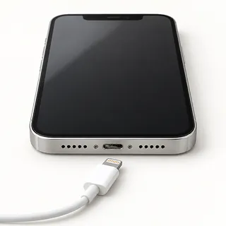 iPhone in silver, bottom edge with lint in the Lightning port and an unplugged charging cable in front