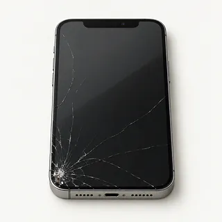 iPhone with silver edges, front view with cracks spreading across the dark screen from the lower left corner