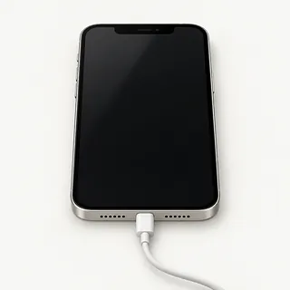 iPhone with silver edges, front view with a black screen and a white charging cable plugged into the bottom