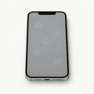 iPhone with silver edges, front view with a notch and five white tap rings on the gray screen