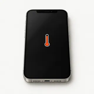 iPhone with silver edges, front view with a notch and an orange-red thermometer symbol on a black screen