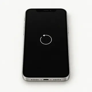 iPhone with silver edges and a notch, front view with a white restart arrow on the black screen