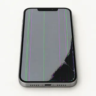 iPhone with silver edges, front view with green and magenta lines on a gray screen and a dark blotch at the lower right