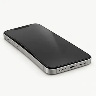 iPhone with silver edges, angled front view with a dark screen lifted away from the frame along one side