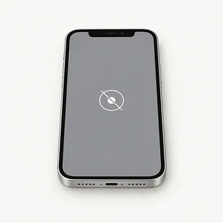 iPhone with silver edges, front view with a notch and a crossed-out white tap symbol on a gray screen