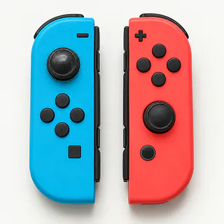 Nintendo Joy-Con controllers in blue and red, front view with a worn left stick cap and grime around its base