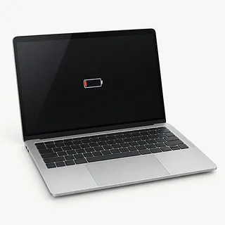 Laptop in silver, front-left view with a small battery icon showing a red sliver at the center of the dark screen