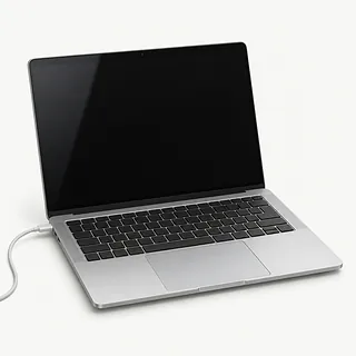 Laptop in silver, front-left view with a black screen and charging cable plugged into the left side