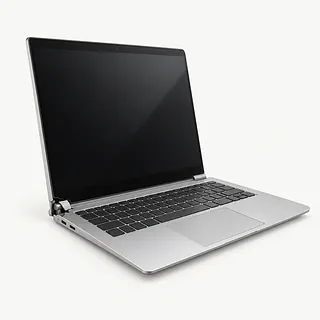 Laptop in silver, open front-left view with a broken left hinge and separated hinge cover