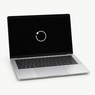 Laptop in silver, open front view with a black keyboard and a white circular arrow on a black screen