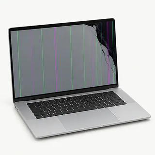 Laptop in silver, front-left view with green and magenta screen lines and a dark cracked upper-right corner