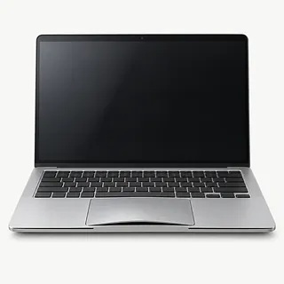 Laptop in silver, open front view with a bulging trackpad and a gap along the front edge of the case