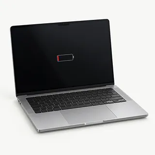 MacBook in silver, open front view with a small battery outline and a thin red bar in the center of the dark screen