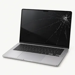 MacBook in silver, open front view with cracks spreading from the upper right across the dark screen