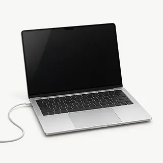 MacBook in silver, open front view with a dark screen and a charging cable plugged into the left side