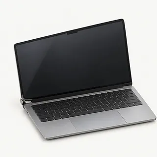 MacBook in silver, open front-left view with a broken left hinge and tilted display