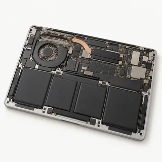 MacBook in silver, underside exposed with gray dust clogging the cooling fan and heat sink