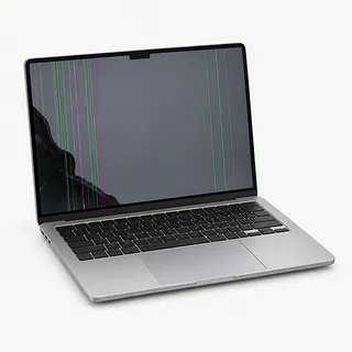 MacBook in silver, open front view with green and magenta lines on a gray display and a dark blotch in the lower left