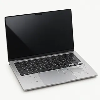 MacBook in silver, front-left view with a dark screen and water across the keyboard and palm rest