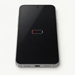 Phone with a silver frame, front view with a nearly empty red battery icon in the center of the dark screen