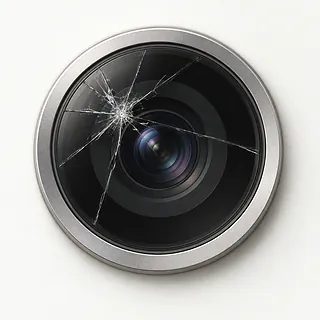 Phone rear camera close-up with a silver ring and starburst cracks across the lens cover glass