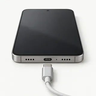 Phone with a silver frame, bottom view with gray lint in the USB-C port and an unplugged charging cable in front