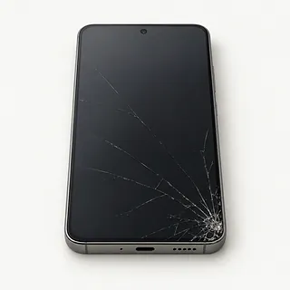 Phone with a gray frame, front view with cracks spreading across the dark screen from the lower right corner
