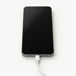Phone with a silver frame, front view with a dark screen and charging cable plugged in
