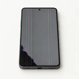 Phone with a gray frame, front view showing green and magenta screen lines and a dark blotch in the lower left corner