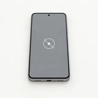 Phone with a silver frame, front view with a white crossed-out tap symbol on a gray screen