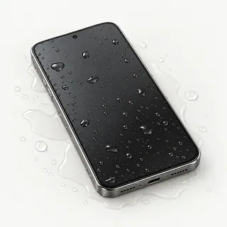 Phone with a silver frame, front view with water droplets covering the dark screen and water pooled around it