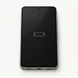 Gray Google Pixel phone, front view with a nearly empty red battery icon on the dark screen