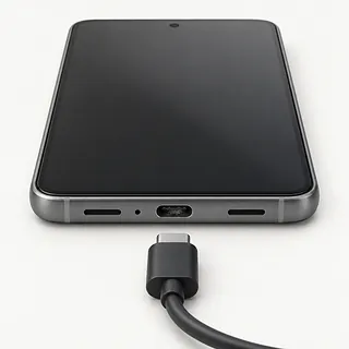 Gray Google Pixel phone, bottom view with lint in the USB-C port and an unplugged cable in front