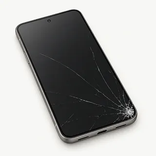 Gray Google Pixel phone, front view with dark glass cracked outward from the lower right corner