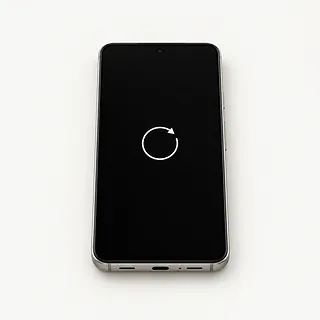 Google Pixel phone with a silver frame, front view with a white circular arrow centered on a black screen