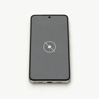 Google Pixel phone with a silver frame, front view with a white crossed-out tap symbol on a gray screen