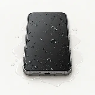 Gray Google Pixel phone, screen side up with water droplets covering the dark glass and a puddle around it