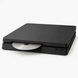 Black PS4 viewed from the front with a silver disc halfway out of the disc slot