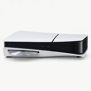 PlayStation 5 in white and black, front view with a silver disc halfway out of the disc slot