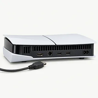 PlayStation 5 in white and black, rear view with a bent HDMI port and an unplugged HDMI cable