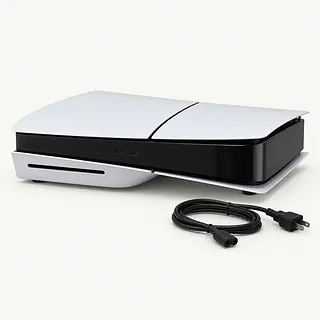 PlayStation 5 in white and black, front view with lights off and an unplugged power cable beside it