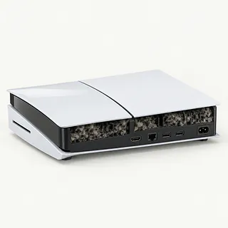 PlayStation 5 in white and black, rear view with vents clogged with gray dust and lint