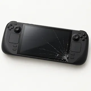 Steam Deck OLED in black, front view with cracks spreading from the lower right corner of the dark screen