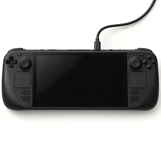 Steam Deck OLED in black, front view with a dark screen and charging cable plugged in
