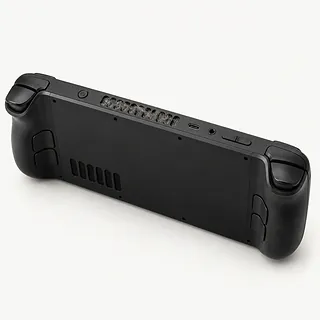 Steam Deck OLED in black, back view with gray dust and lint clogging air vent openings